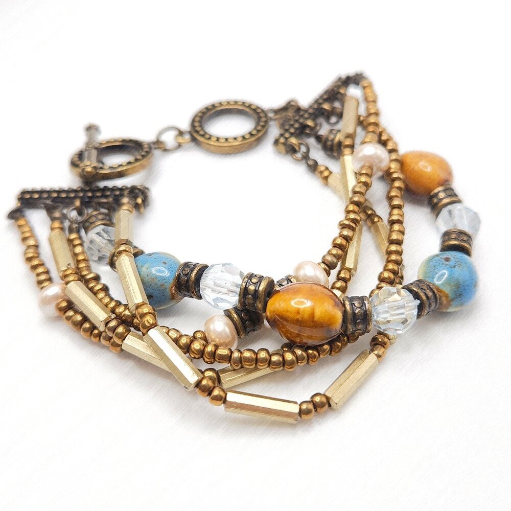 Premier Designs Global Earthy Antiqued Gold Beaded Five Strand Bracelet Toggle